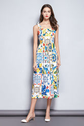 Summer Dress WomenBow Spaghetti Strap Gorgeous Floral Print Midi Cotton Dress